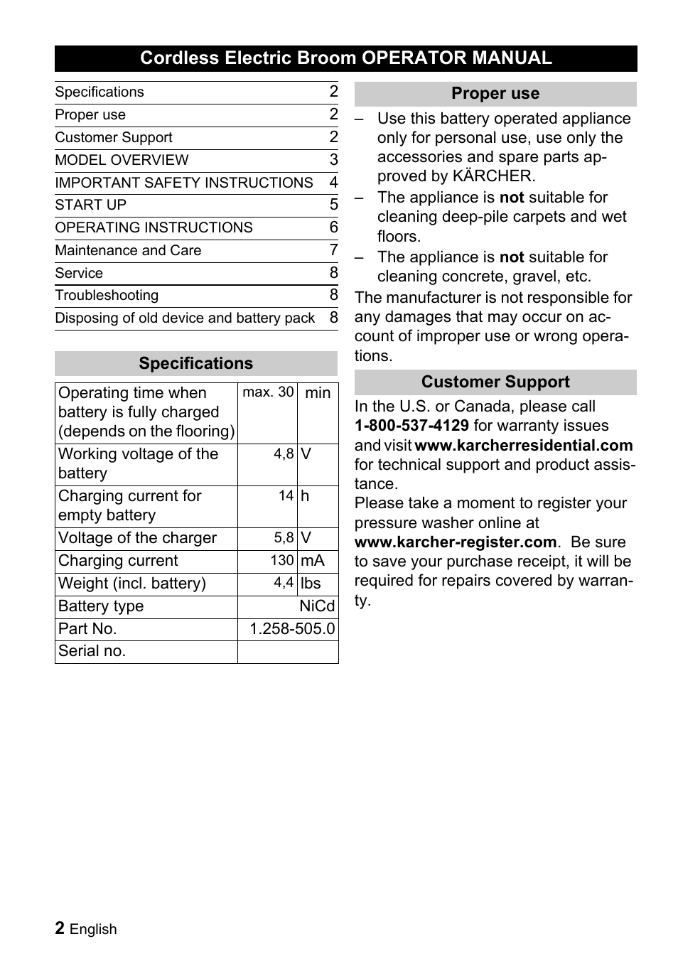 Cordless electric broom operator manual | Karcher K 55 User Manual | Page 2 / 24