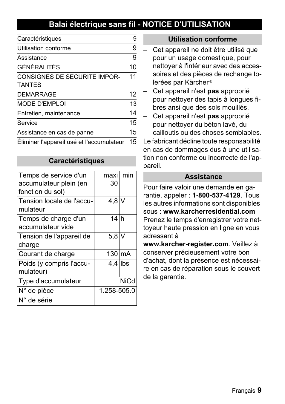 Balai électrique sans fil - notice d'utilisation | Karcher K 55 User Manual | Page 9 / 24