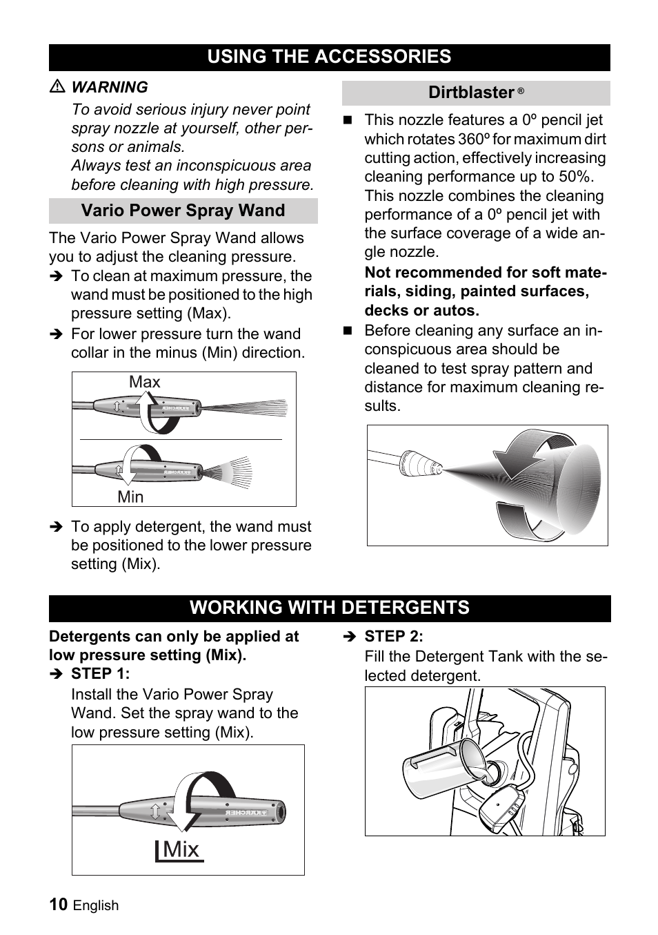 Using the accessories, M warning, Vario power spray wand | Dirtblaster, Working with detergents, Step 1, Step 2 | Karcher K 3.350 User Manual | Page 10 / 60