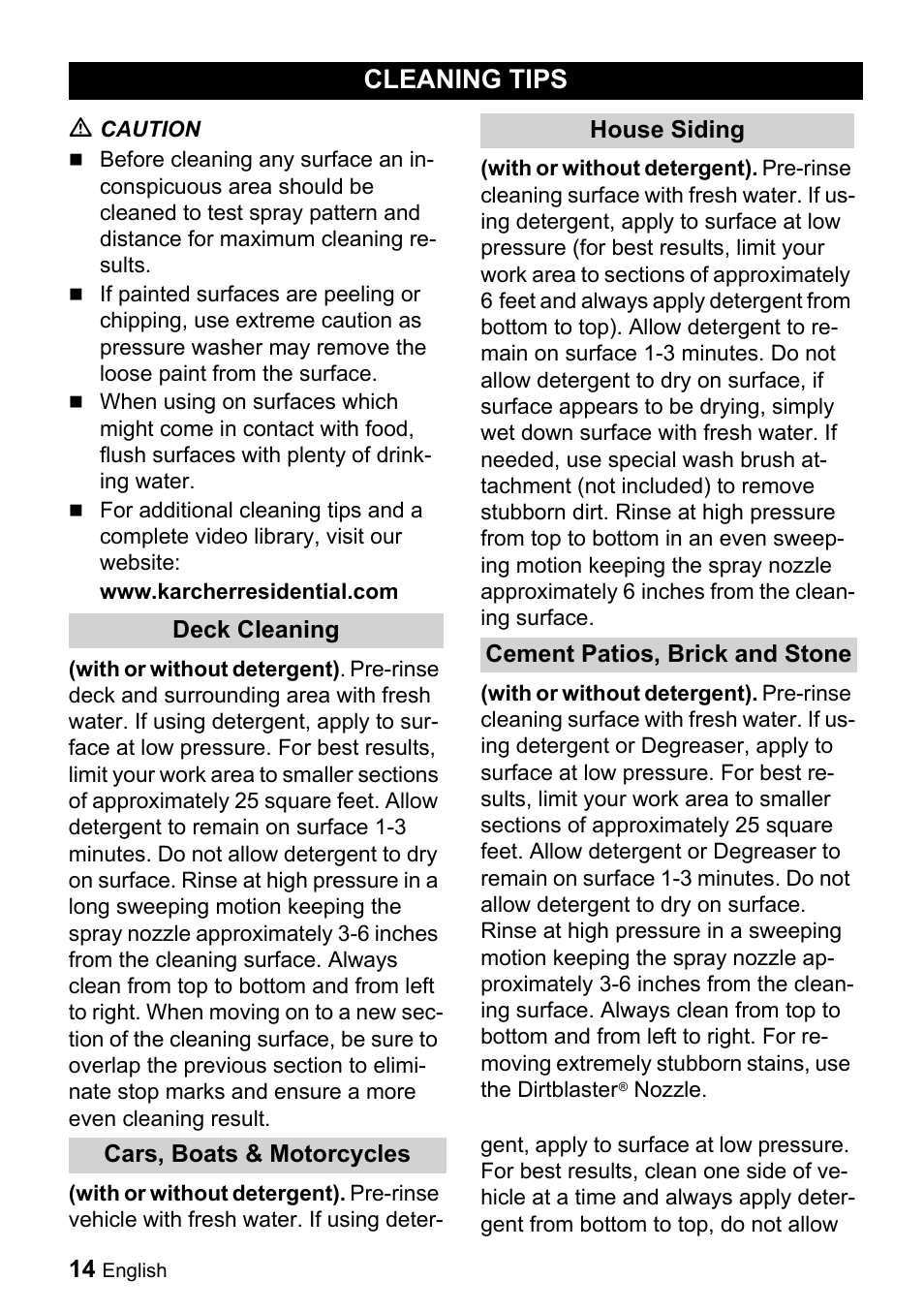 Cleaning tips, M caution, Www.karcherresidential.com | Deck cleaning, House siding, Cement patios, brick and stone, Cars, boats & motorcycles | Karcher K 3.350 User Manual | Page 14 / 60