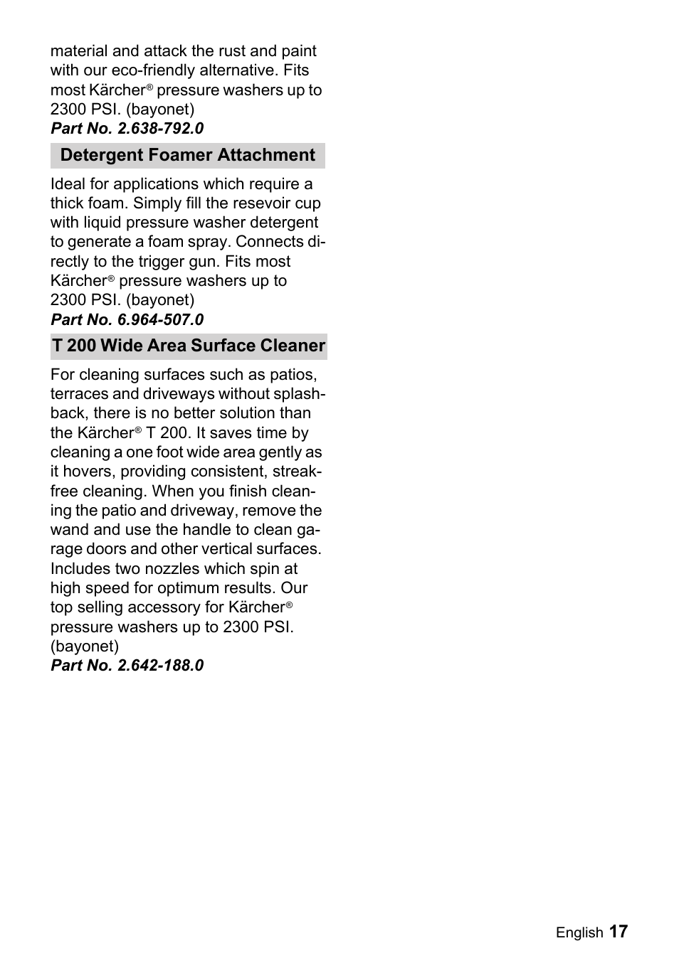 Part no. 2.638-792.0, Detergent foamer attachment, Part no. 6.964-507.0 | T 200 wide area surface cleaner, Part no. 2.642-188.0 | Karcher K 3.350 User Manual | Page 17 / 60