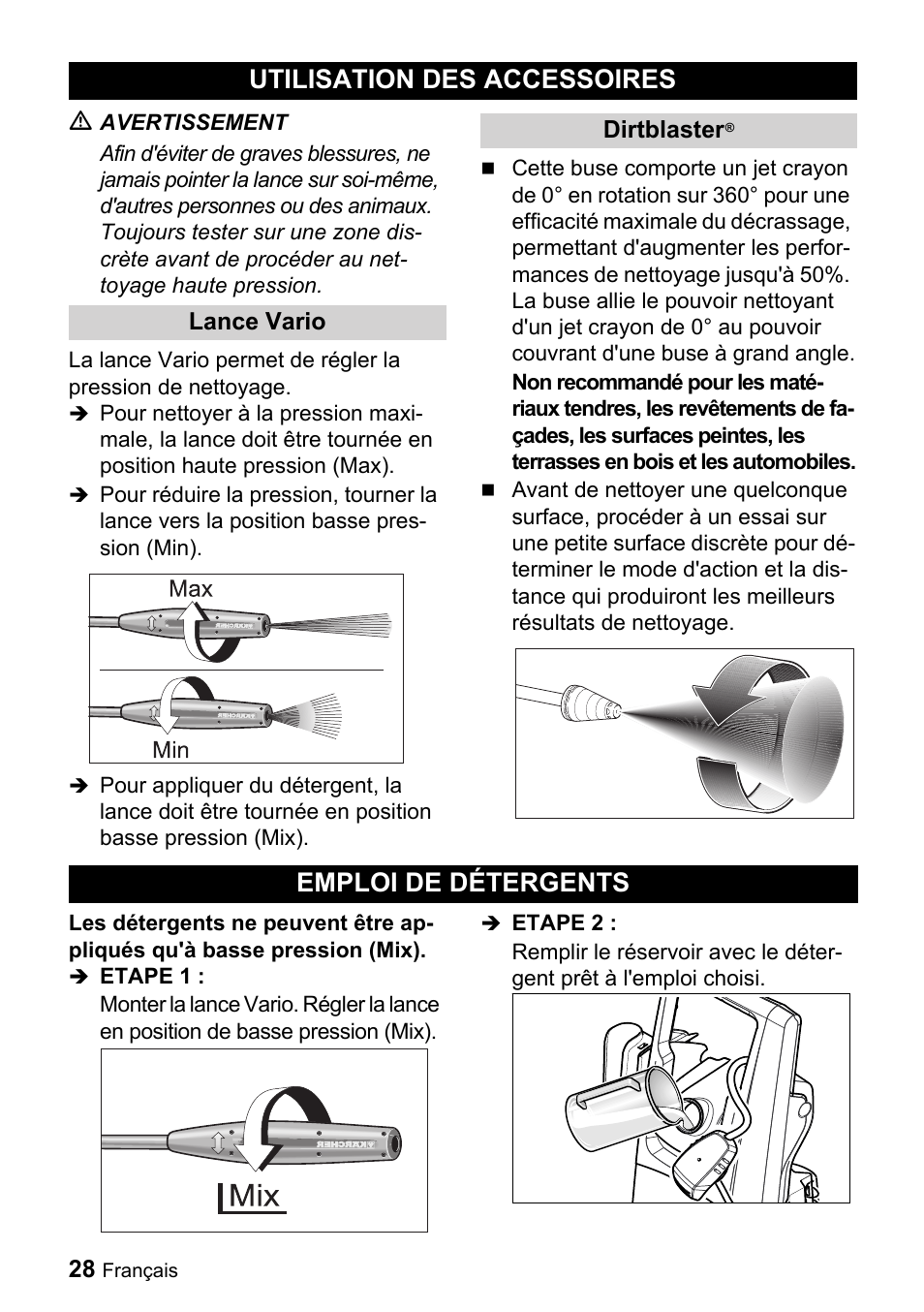 Utilisation des accessoires, 28 emploi de détergents, Emploi de détergents | Karcher K 3.350 User Manual | Page 28 / 60