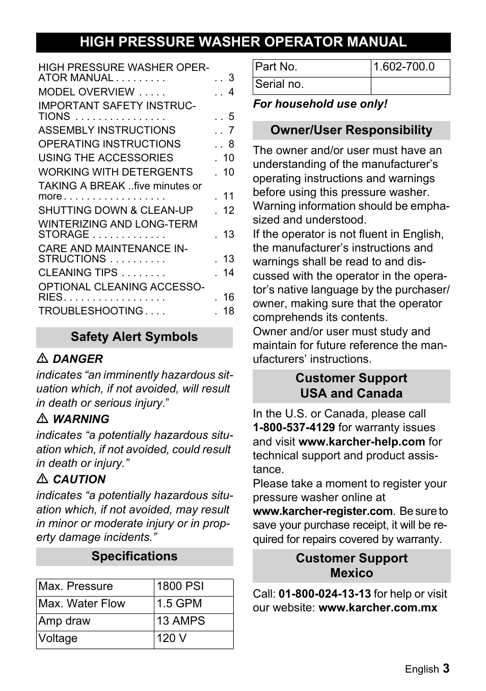 High pressure washer operator manual, Safety alert symbols, M danger | M warning, M caution, Specifications, Max. pressure, 1800 psi, Max. water flow, 5 gpm | Karcher K 3.350 User Manual | Page 3 / 60