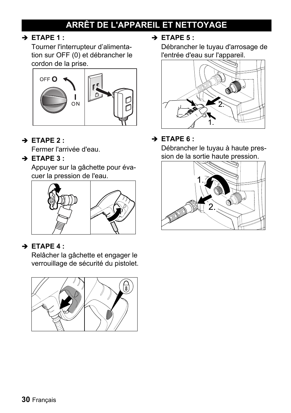 Arrêt de l'appareil et nettoyage | Karcher K 3.350 User Manual | Page 30 / 60