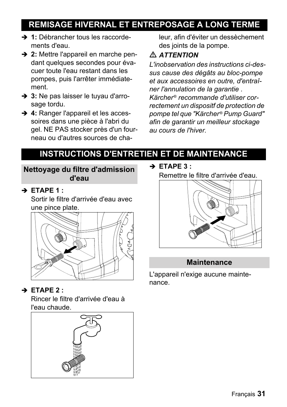 Remisage hivernal et entre, Posage a long terme, Instructions d'entretien et | De maintenance | Karcher K 3.350 User Manual | Page 31 / 60