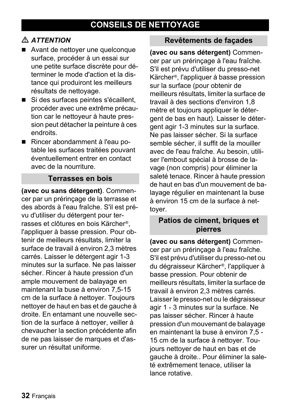 Conseils de nettoyage | Karcher K 3.350 User Manual | Page 32 / 60