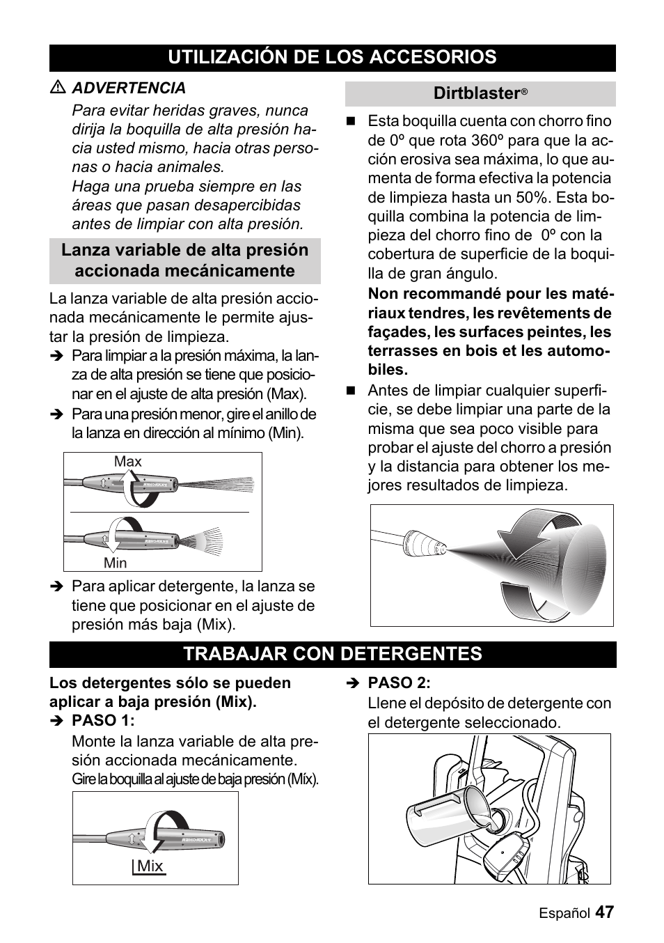 Utilización de los acceso, Rios, Trabajar con detergentes | Utilización de los accesorios | Karcher K 3.350 User Manual | Page 47 / 60