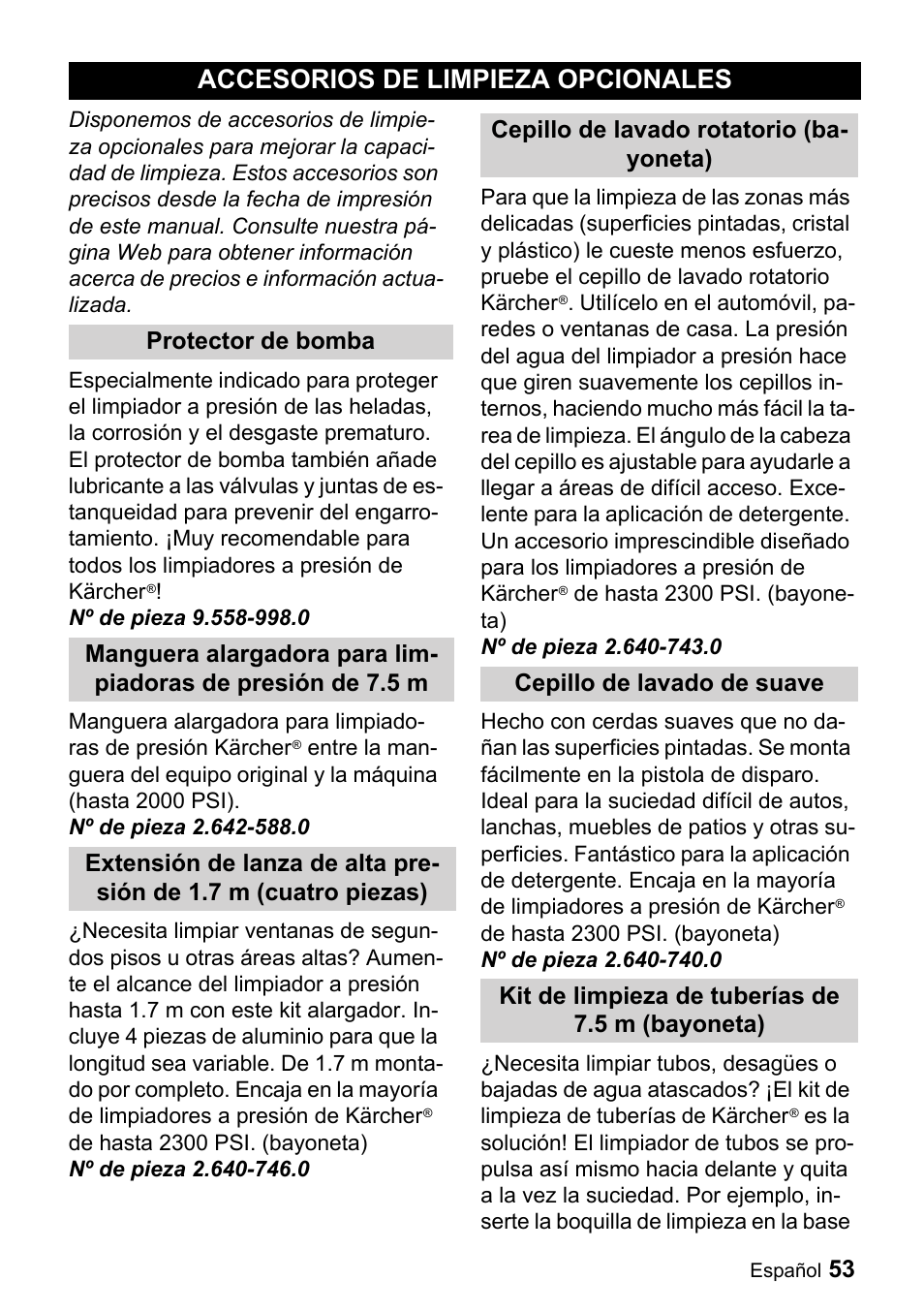 Accesorios de limpieza op, Cionales, Accesorios de limpieza opcionales | Karcher K 3.350 User Manual | Page 53 / 60