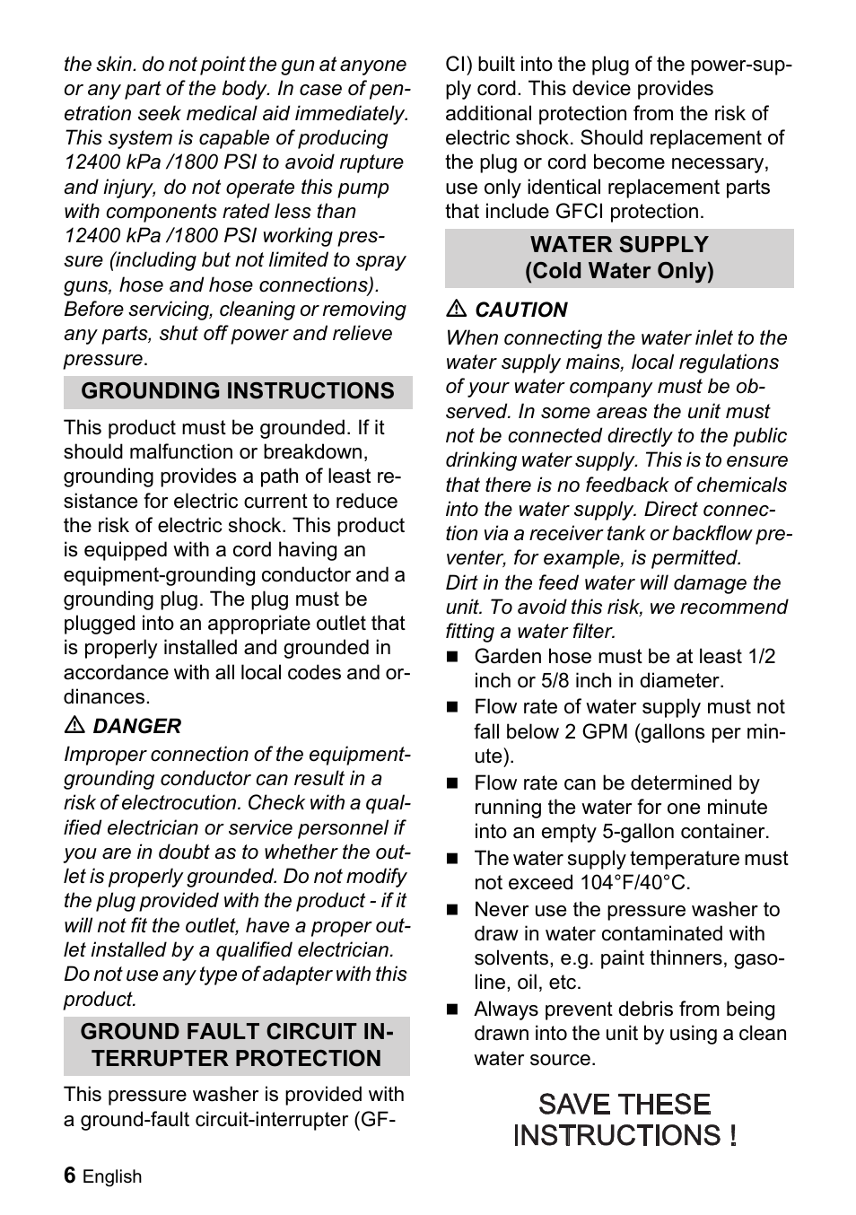 Grounding instructions, M danger, Ground fault circuit interrupter protection | Water supply (cold water only), M caution | Karcher K 3.350 User Manual | Page 6 / 60