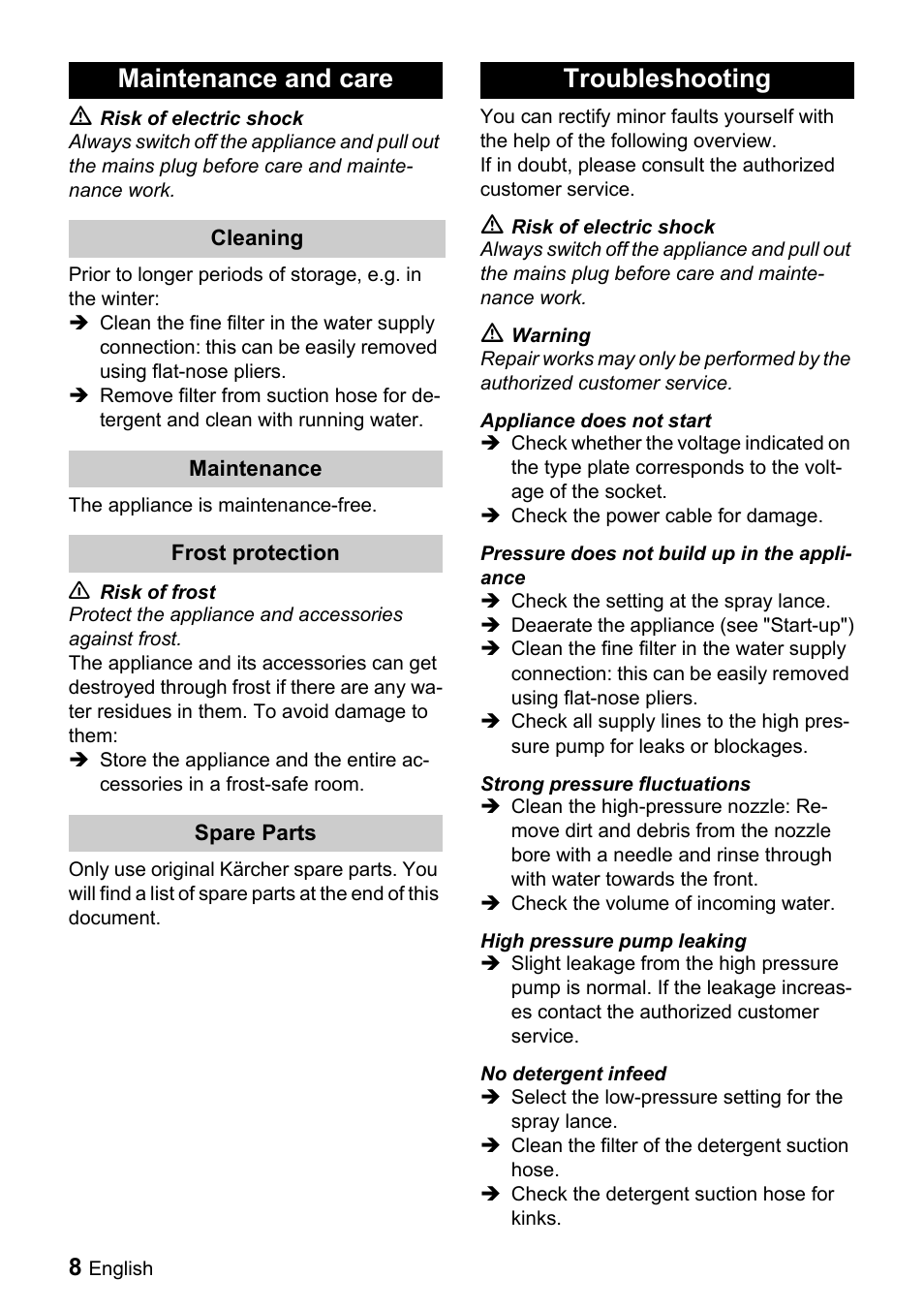 Maintenance and care, Troubleshooting | Karcher K 5.85 M User Manual | Page 8 / 12