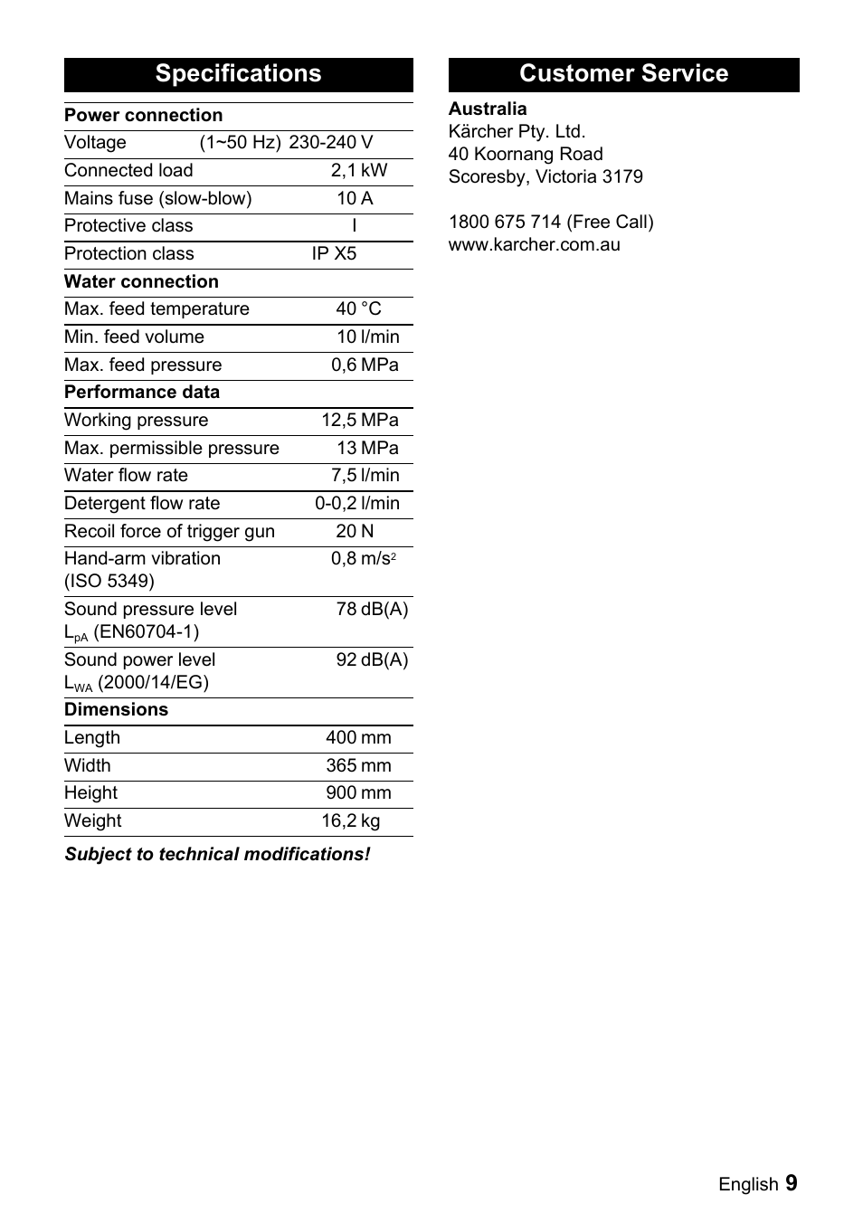 Specifications, Customer service | Karcher K 5.85 M User Manual | Page 9 / 12