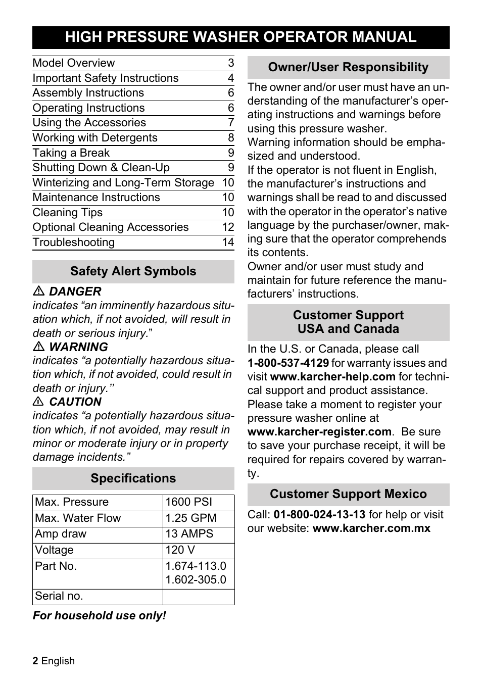 High pressure washer operator manual | Karcher K 2.425 User Manual | Page 2 / 48