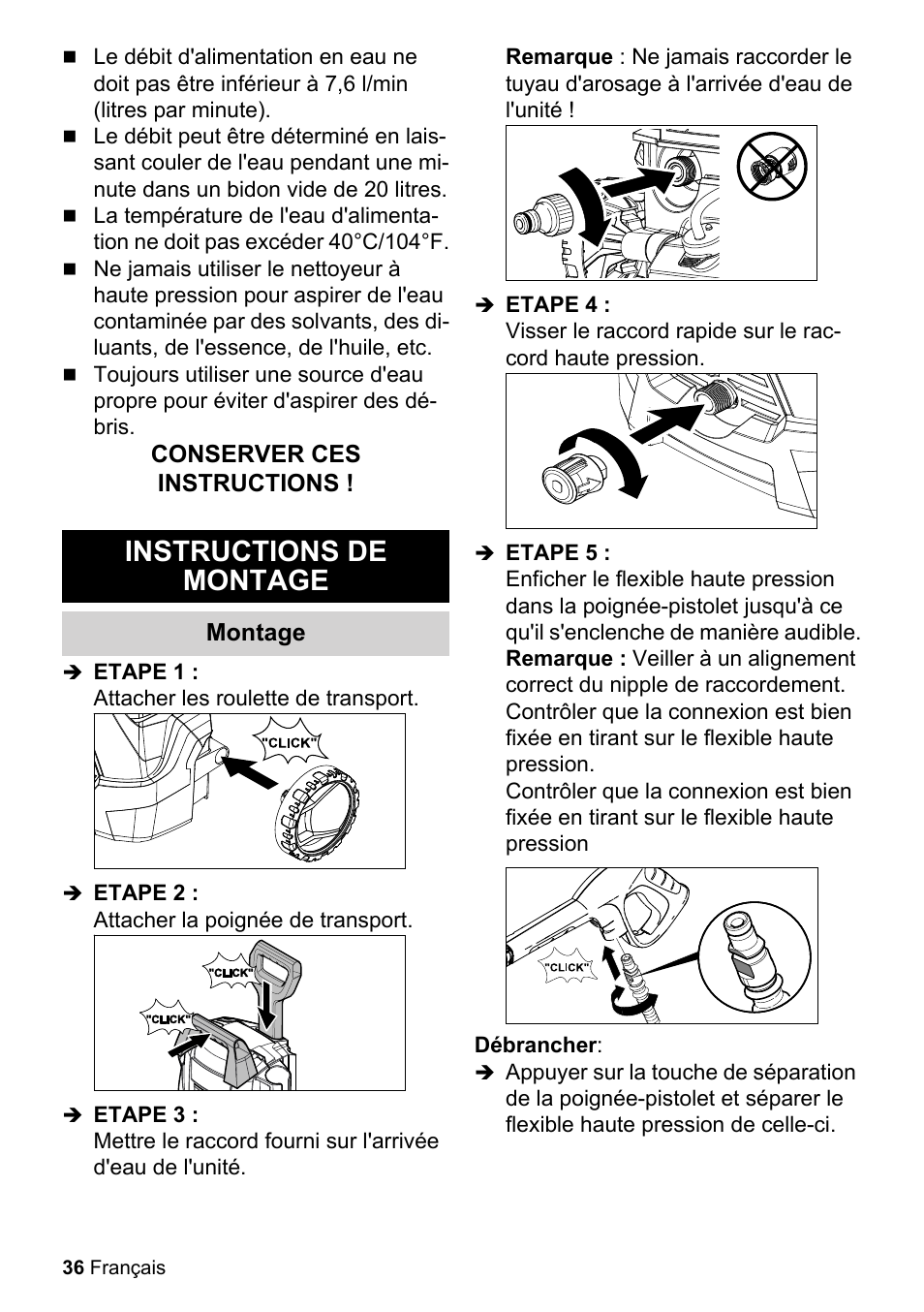 Conserver ces instructions, Instructions de montage, Montage | Etape 1, Attacher les roulette de transport, Etape 2, Attacher la poignée de transport, Etape 3, Etape 4, Etape 5 | Karcher K 2.425 User Manual | Page 36 / 48