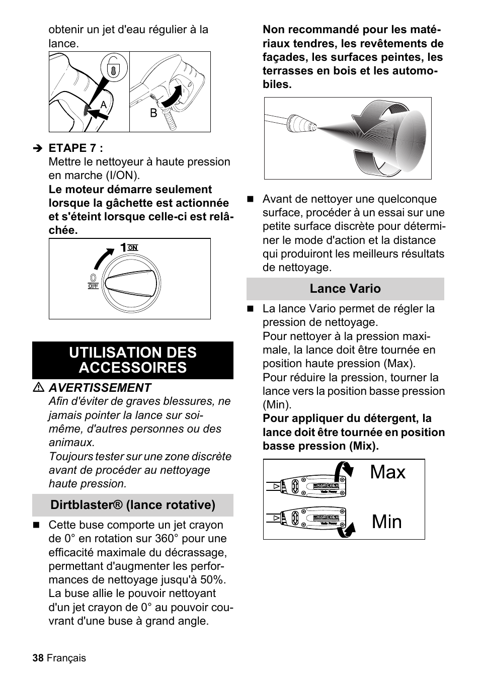 Etape 7, Utilisation des accessoires, M avertissement | Dirtblaster® (lance rotative), Lance vario | Karcher K 2.425 User Manual | Page 38 / 48