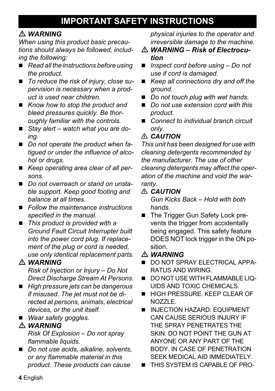 Important safety instructions | Karcher K 2.425 User Manual | Page 4 / 48