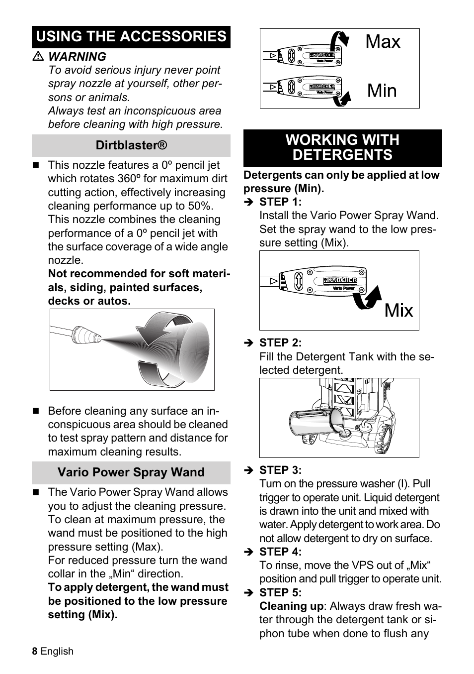 Using the accessories, Working with detergents | Karcher K 2.425 User Manual | Page 8 / 48