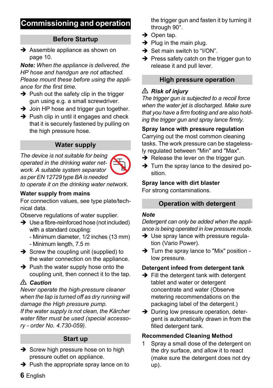Commissioning and operation | Karcher K 2.91 MD User Manual | Page 6 / 12