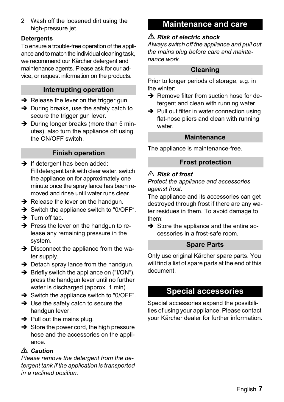 Maintenance and care, Special accessories | Karcher K 2.91 MD User Manual | Page 7 / 12