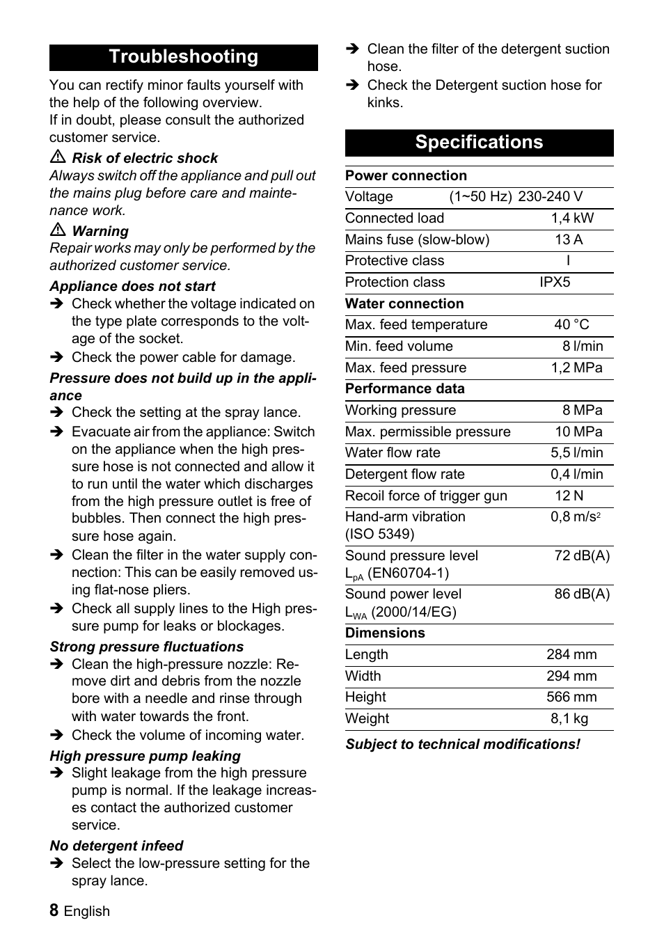 Troubleshooting specifications | Karcher K 2.91 MD User Manual | Page 8 / 12