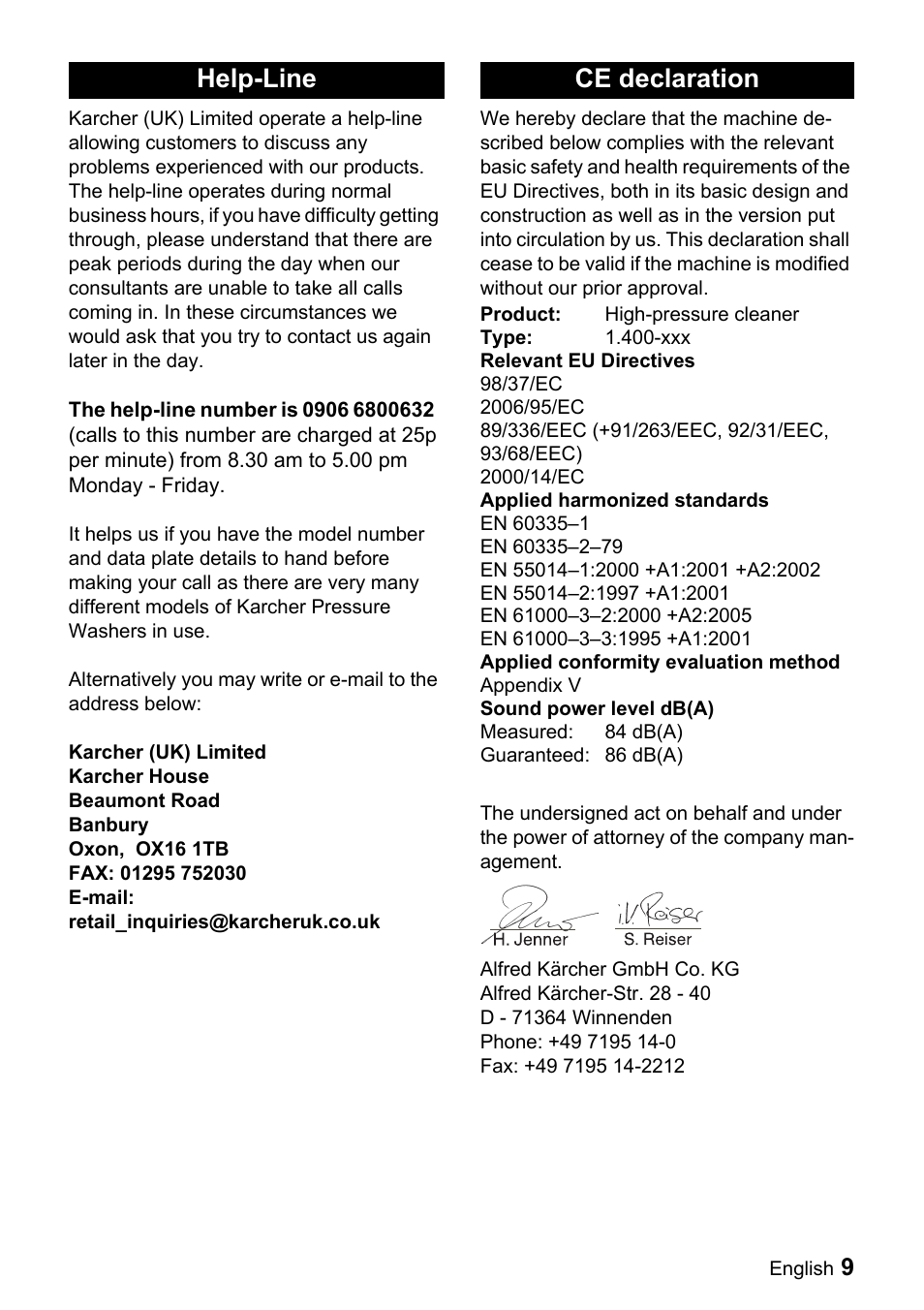 Help-line ce declaration | Karcher K 2.91 MD User Manual | Page 9 / 12