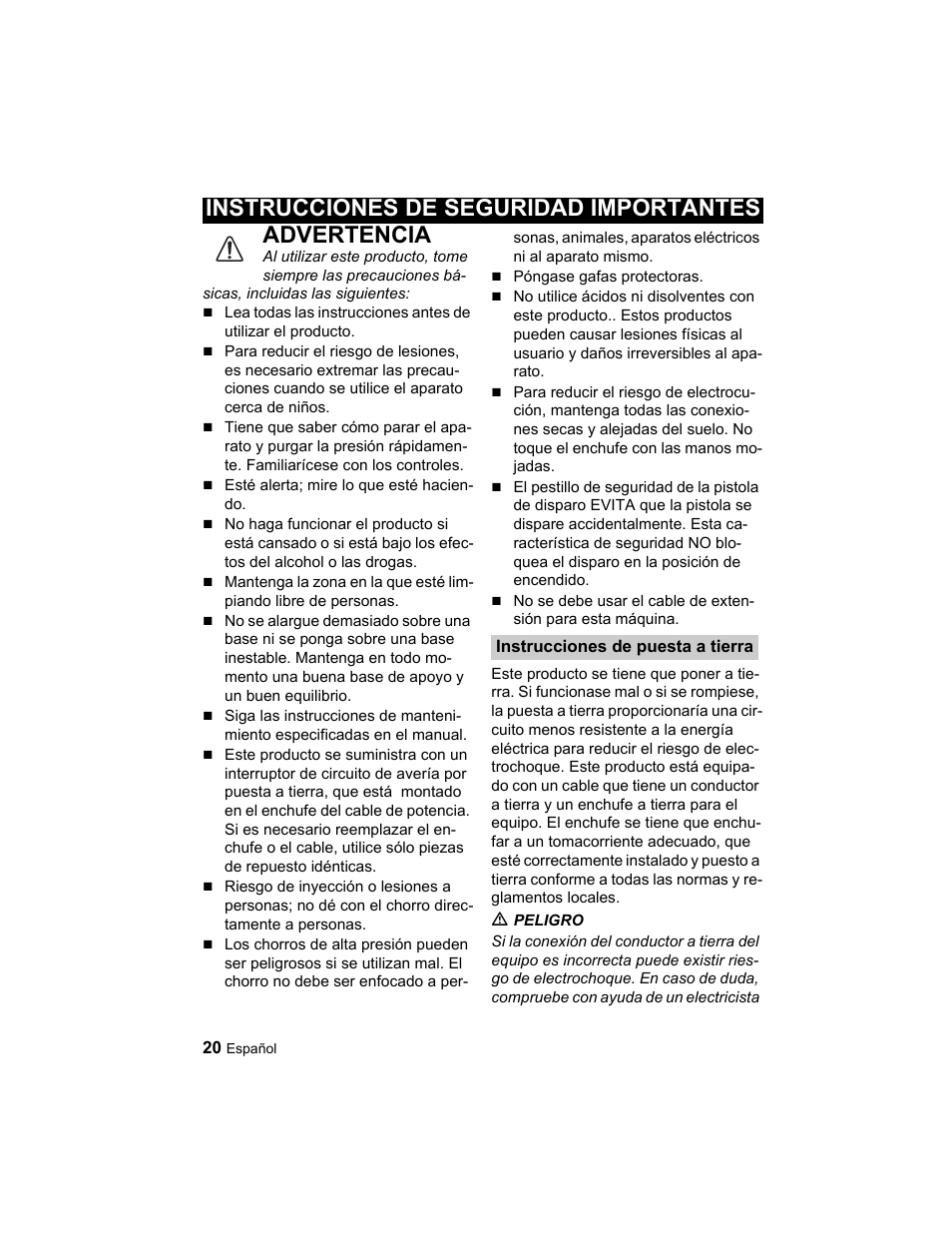 Advertencia, Instrucciones de seguridad importantes | Karcher K 3.96 M User Manual | Page 20 / 52