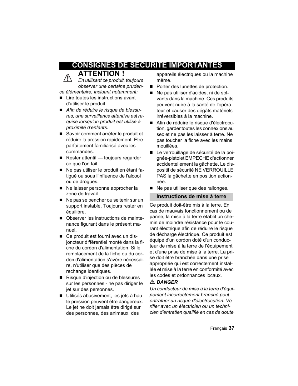 Attention, Consignes de securite importantes | Karcher K 3.96 M User Manual | Page 37 / 52