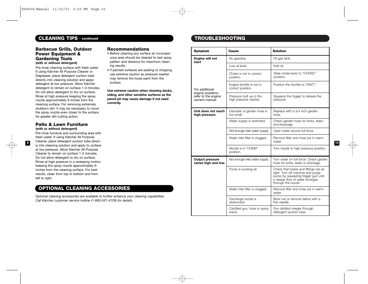 Troubleshooting, Cleaning tips, Optional cleaning accessories | Karcher K5800G User Manual | Page 6 / 7