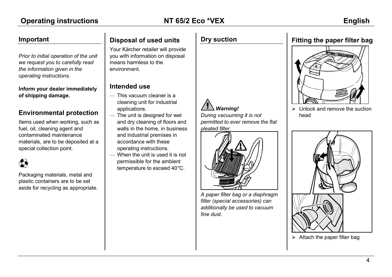 Operating instructions nt 65/2 eco *vex english | Karcher NT 65/2 ECO User Manual | Page 4 / 15