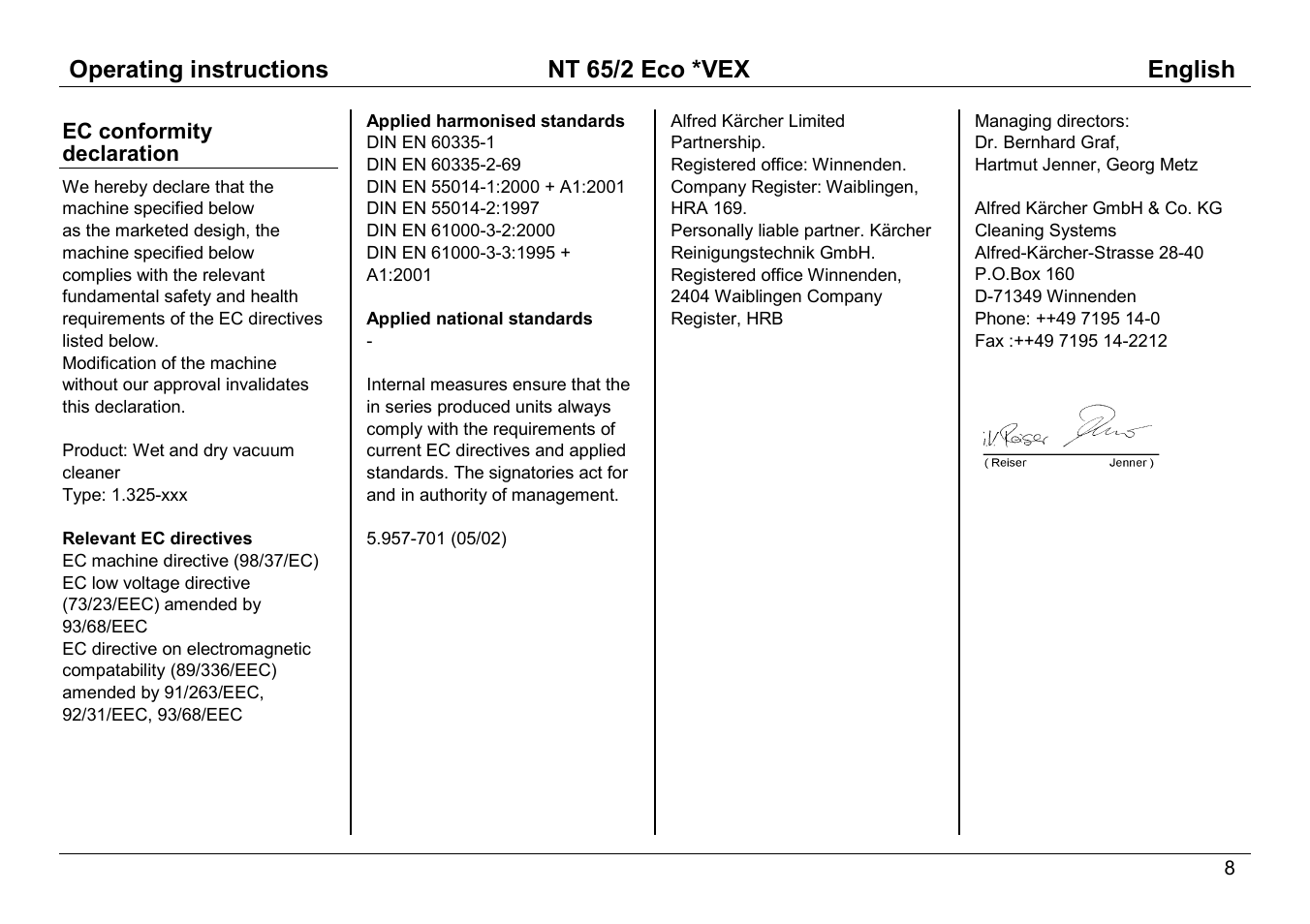 Operating instructions nt 65/2 eco *vex english | Karcher NT 65/2 ECO User Manual | Page 8 / 15