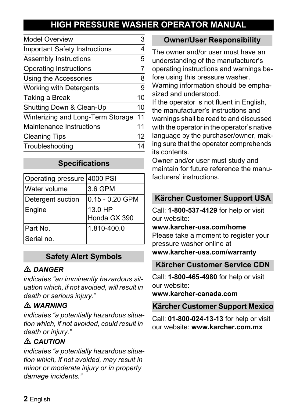 High pressure washer operator manual | Karcher G 4000 SH User Manual | Page 2 / 48