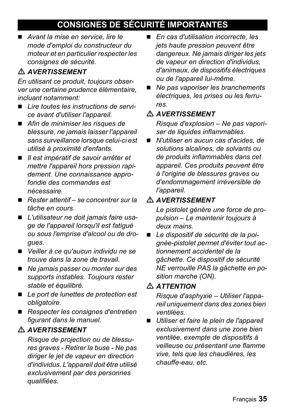 Consignes de sécurité importantes | Karcher G 4000 SH User Manual | Page 35 / 48