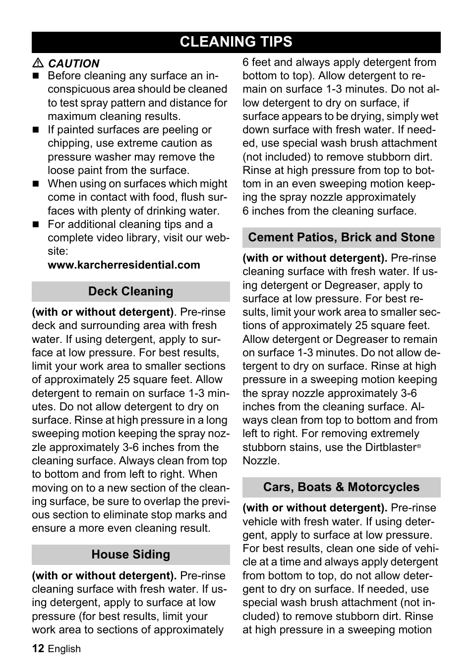 Cleaning tips | Karcher K 2.20 M User Manual | Page 12 / 16