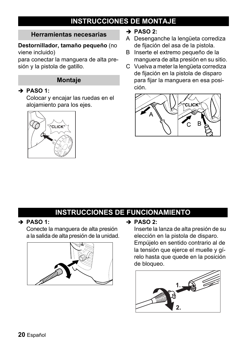 Instrucciones de montaje, Instrucciones de funcionamiento | Karcher K 2.56 M User Manual | Page 20 / 44