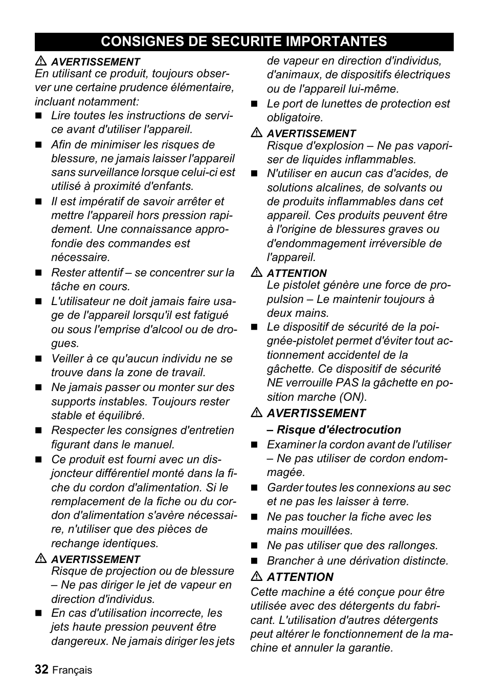 Consignes de securite importantes | Karcher K 2.56 M User Manual | Page 32 / 44