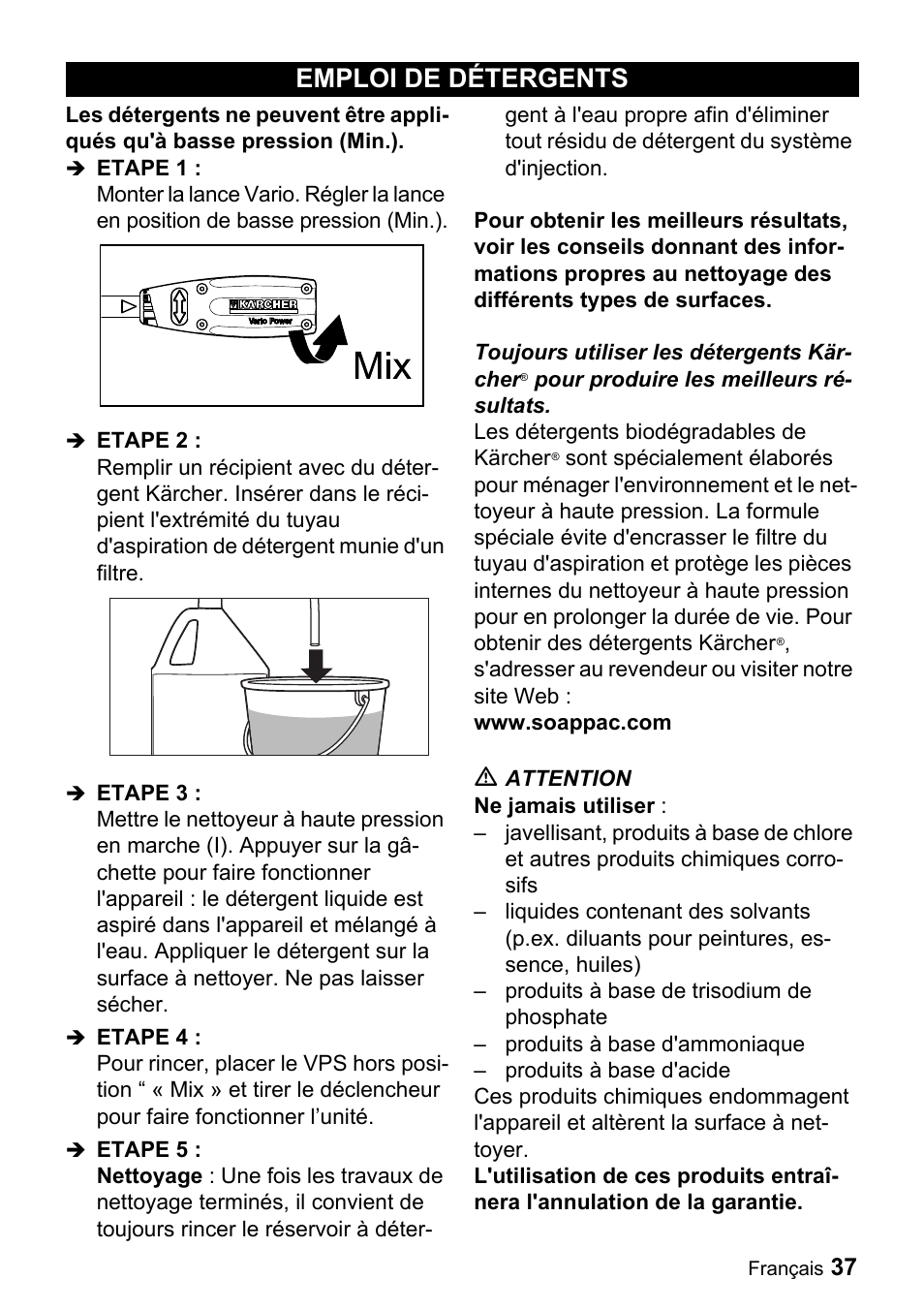 Emploi de détergents | Karcher K 2.56 M User Manual | Page 37 / 44