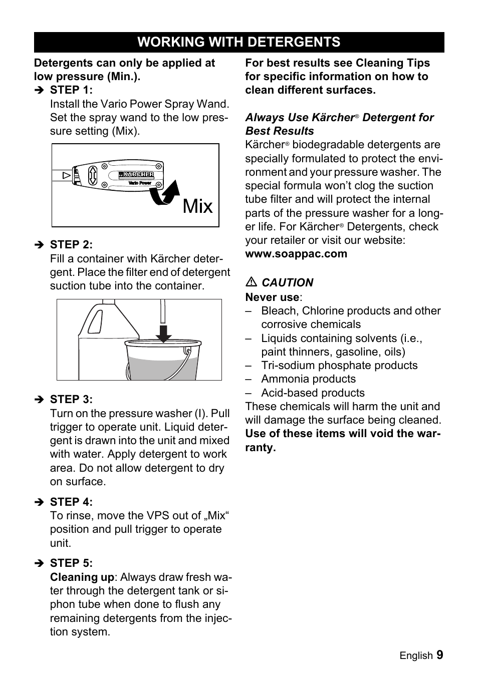 Working with detergents | Karcher K 2.56 M User Manual | Page 9 / 44