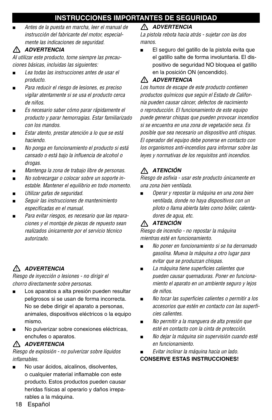 Instrucciones importantes de seguridad | Karcher G 2600 PC User Manual | Page 18 / 46