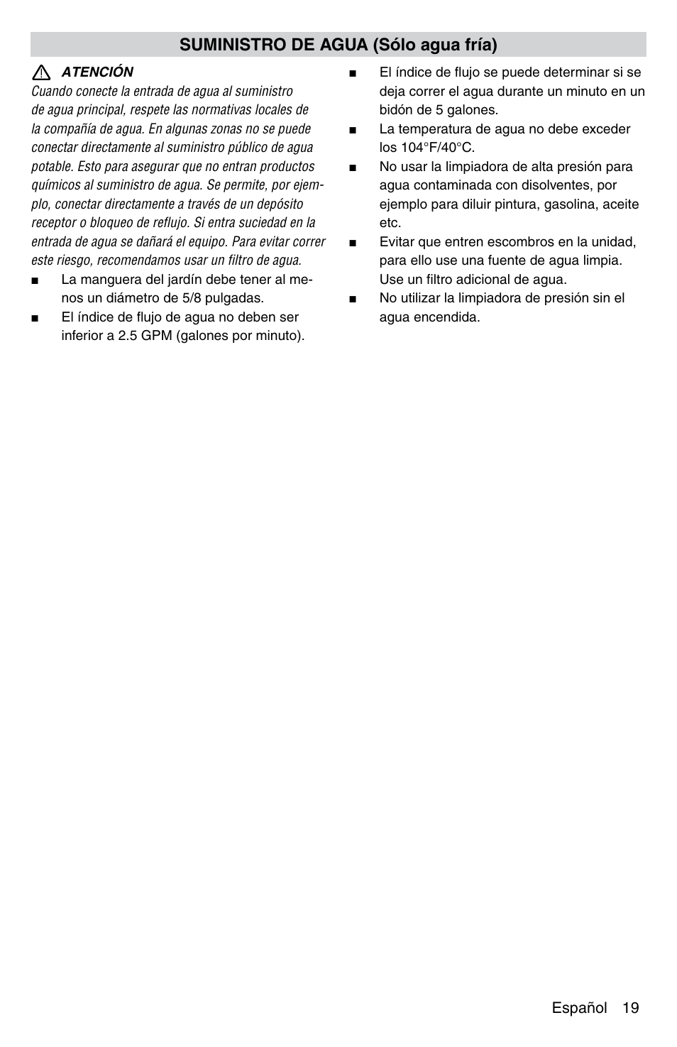 Suministro de agua (sólo agua fría) | Karcher G 2600 PC User Manual | Page 19 / 46