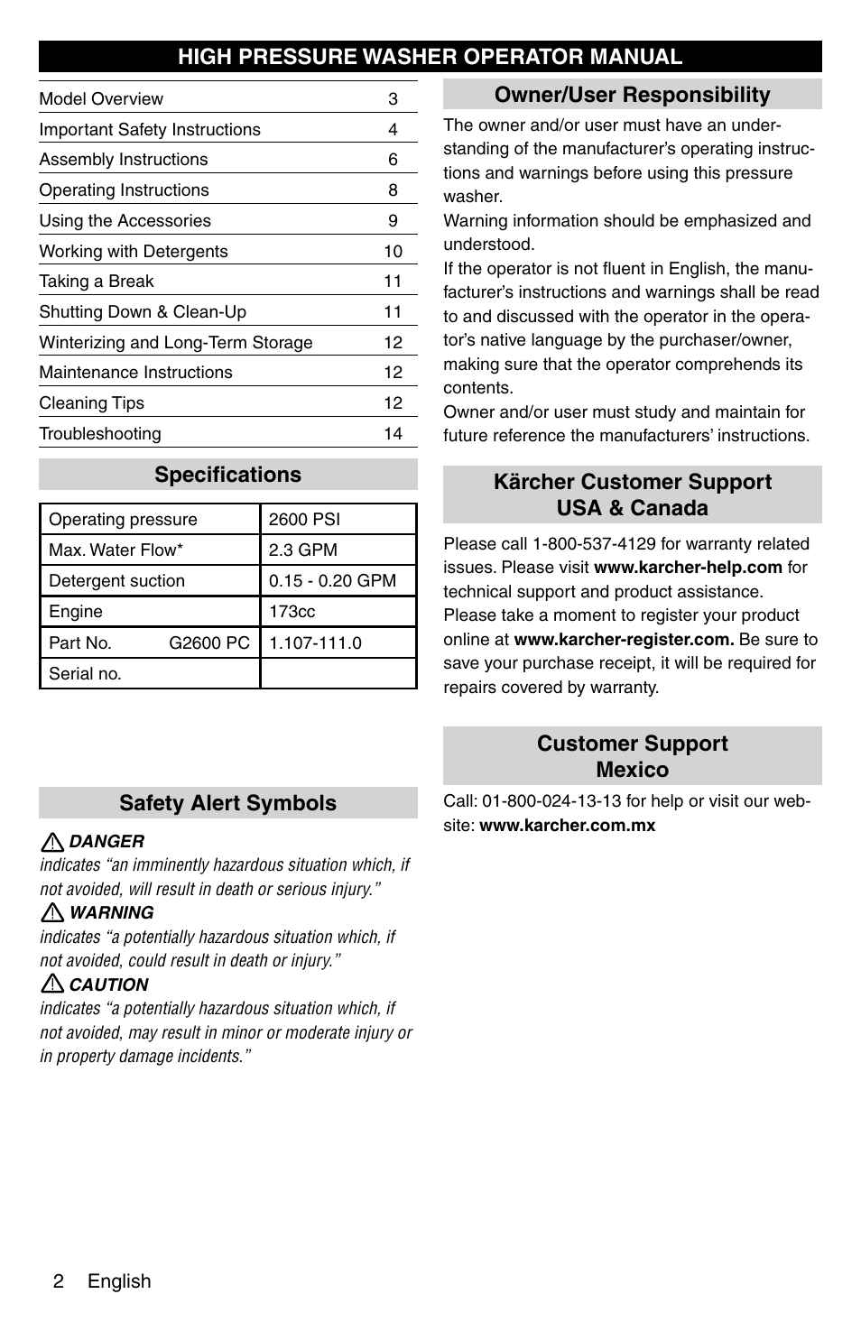 High pressure washer operator manual speciﬁcations, Kärcher customer support usa & canada | Karcher G 2600 PC User Manual | Page 2 / 46