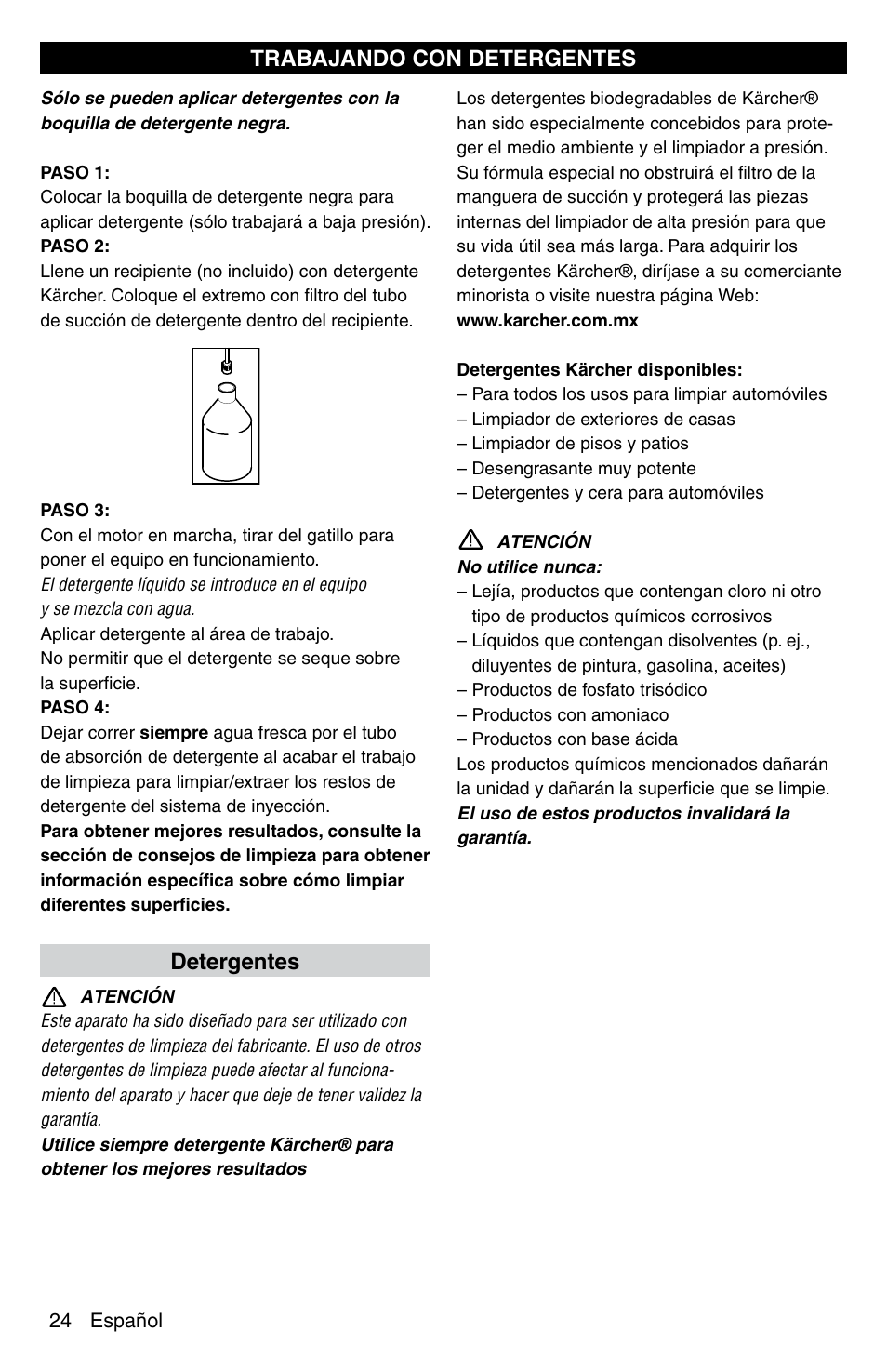 Trabajando con detergentes, Detergentes | Karcher G 2600 PC User Manual | Page 24 / 46