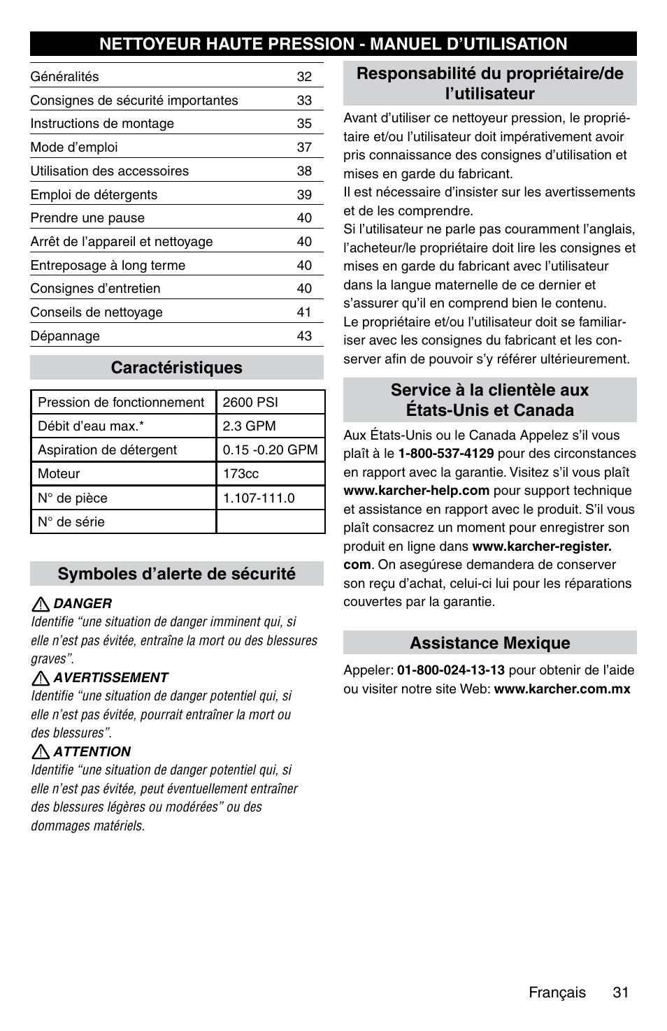 Symboles d’alerte de sécurité assistance mexique | Karcher G 2600 PC User Manual | Page 31 / 46