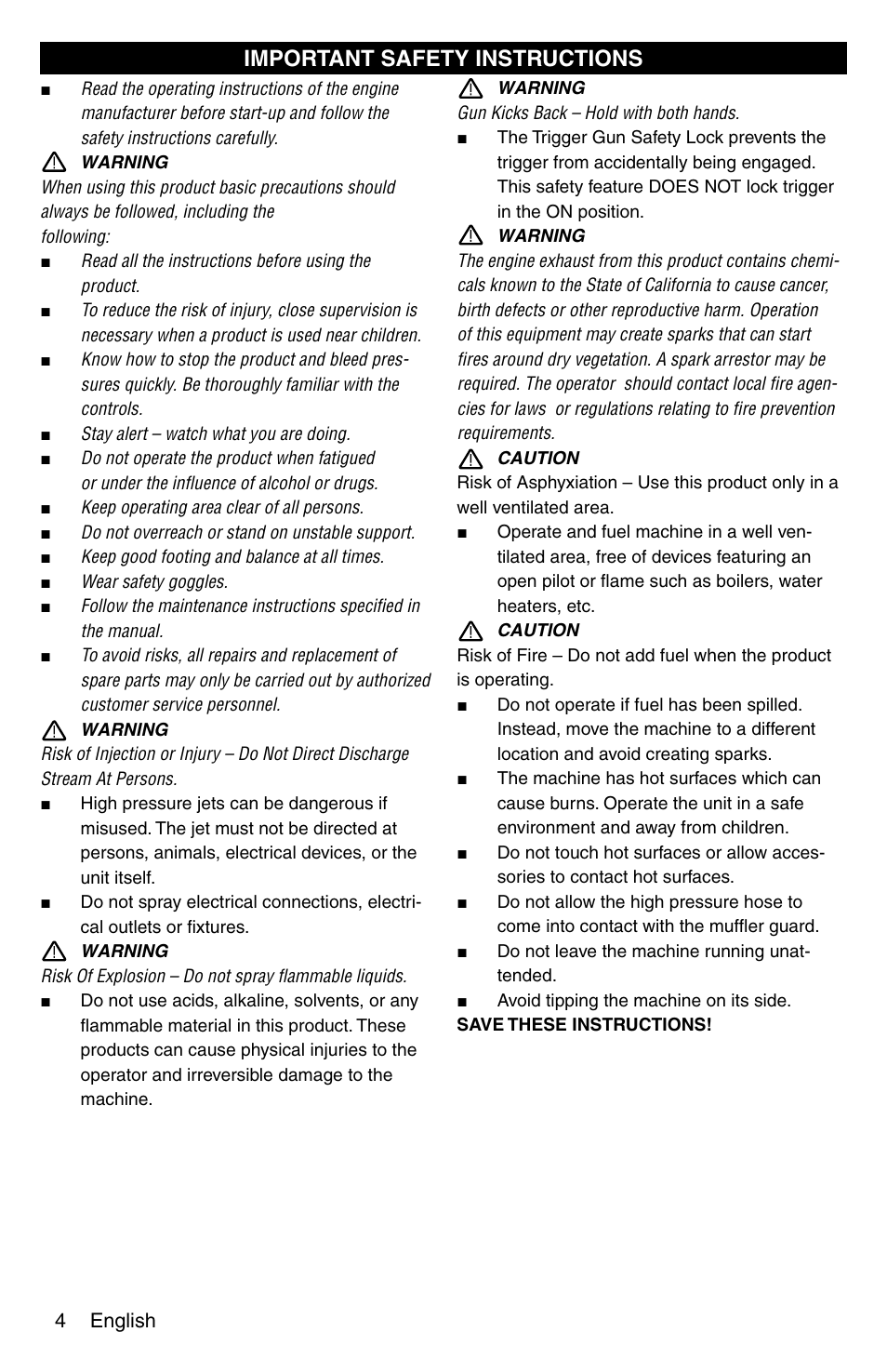 Important safety instructions | Karcher G 2600 PC User Manual | Page 4 / 46