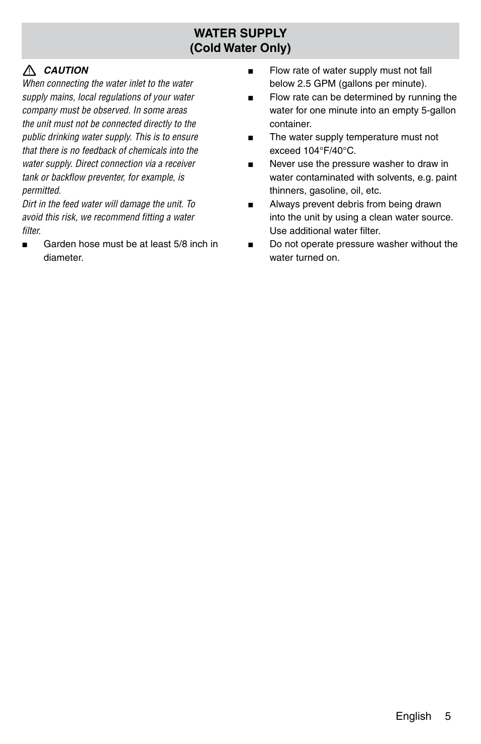 Water supply (cold water only) | Karcher G 2600 PC User Manual | Page 5 / 46