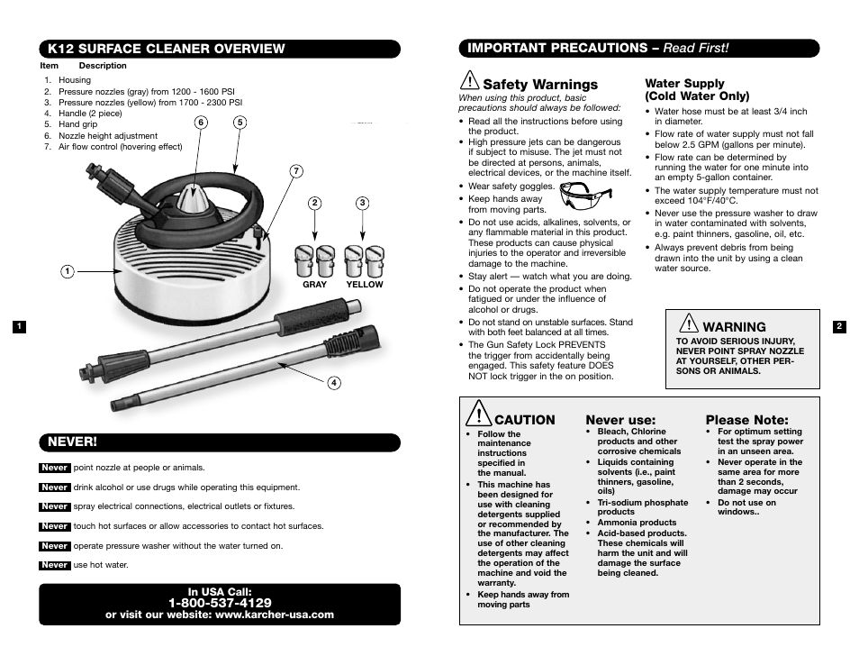 Safety warnings, Never! k12 surface cleaner overview, Important precautions – read first | Caution, Never use, Warning | Karcher K12 User Manual | Page 2 / 5