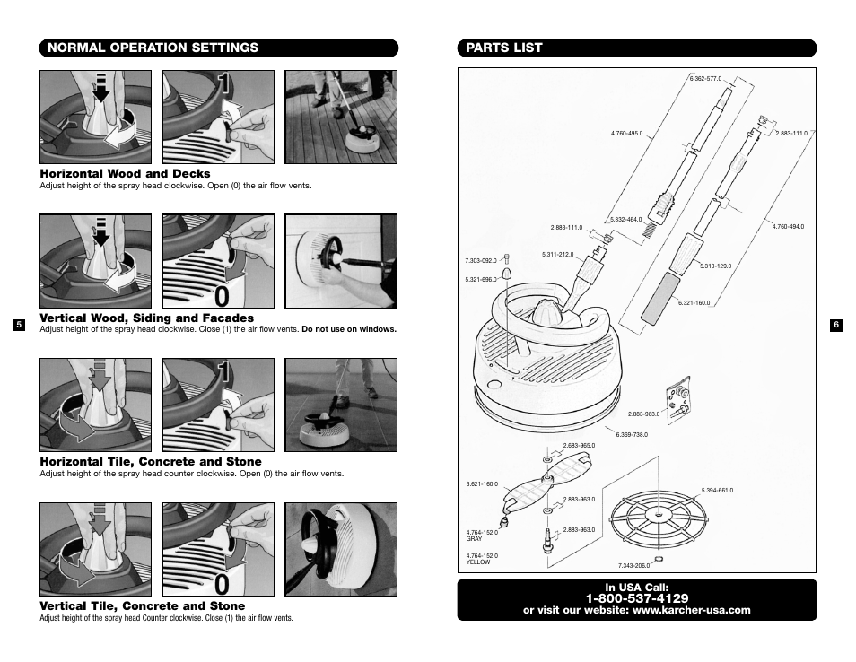 Parts list, Normal operation settings, Horizontal wood and decks | Vertical wood, siding and facades, Horizontal tile, concrete and stone, Vertical tile, concrete and stone | Karcher K12 User Manual | Page 4 / 5