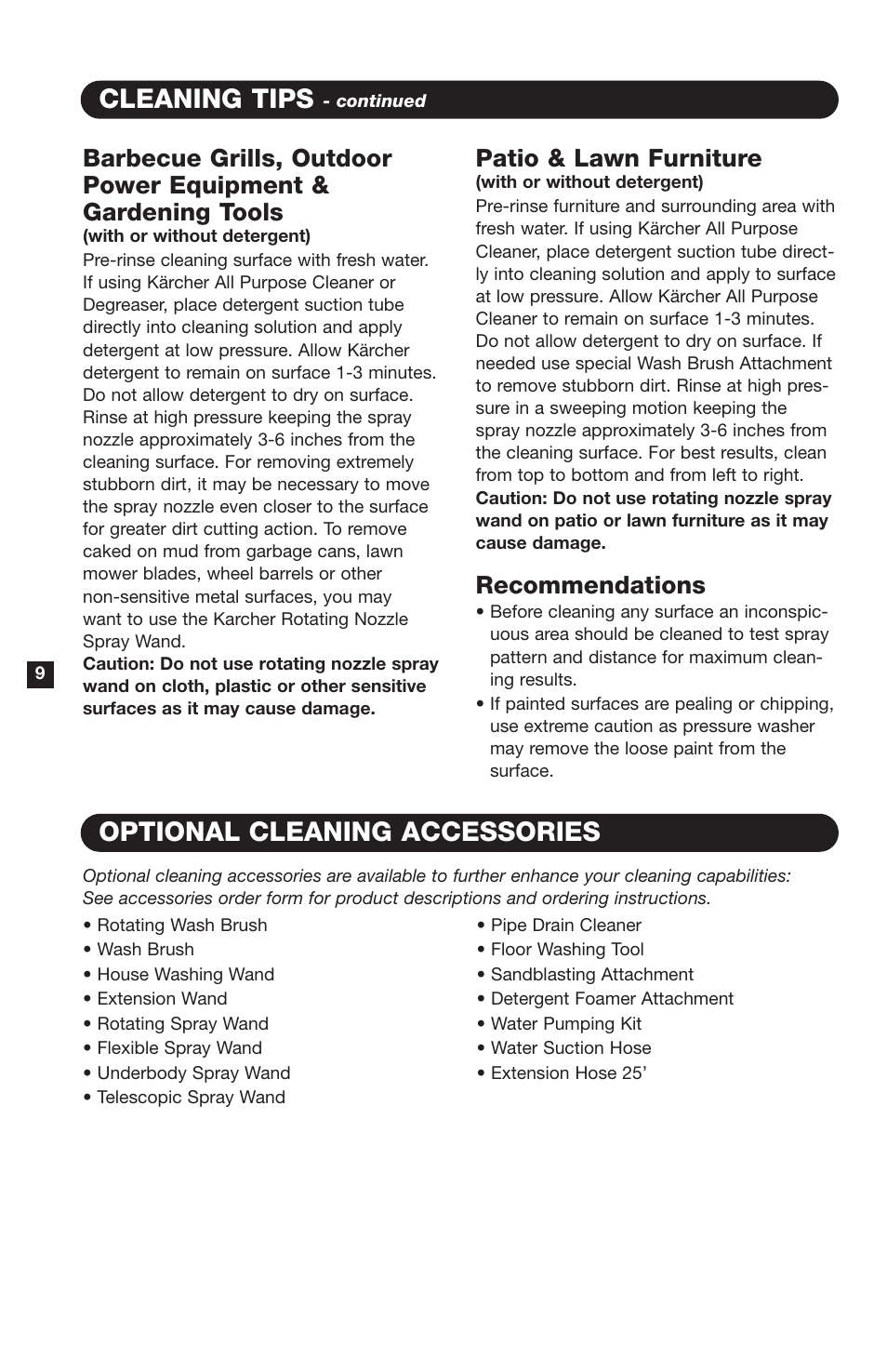 Cleaning tips, Optional cleaning accessories, Patio & lawn furniture | Recommendations | Karcher K4400G User Manual | Page 10 / 12