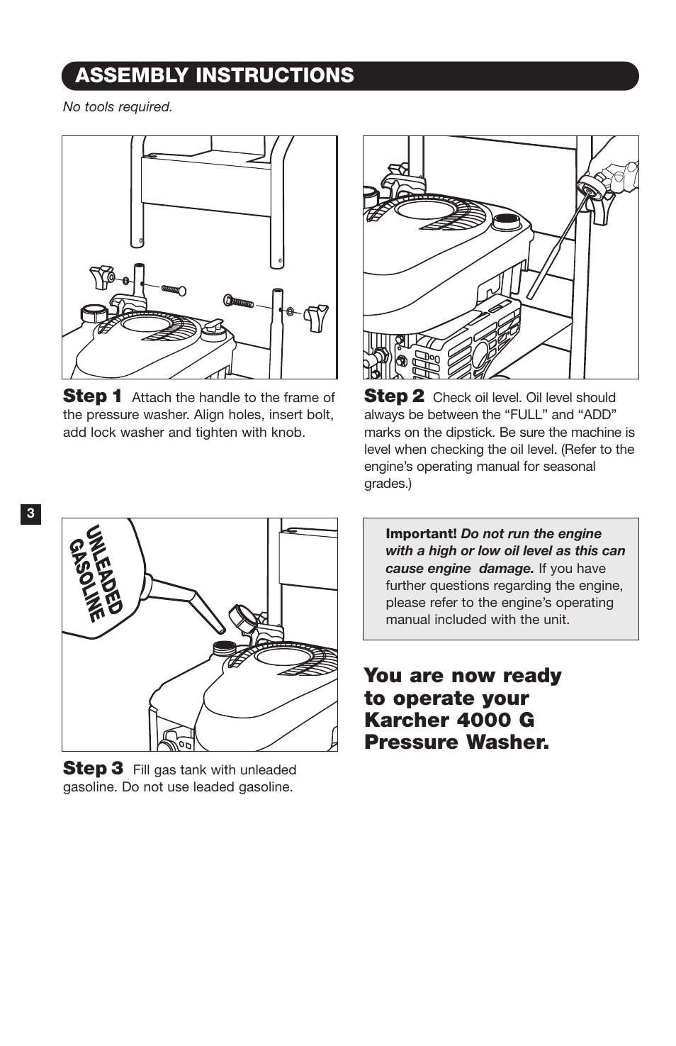 Assembly instructions, Step 1, Step 2 | Step 3 | Karcher K4400G User Manual | Page 4 / 12