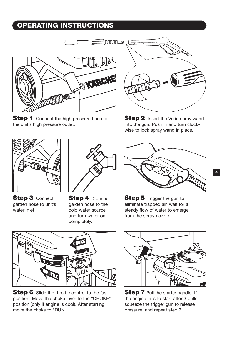 Operating instructions, Step 6, Step 7 | Step 1, Step 2, Step 3, Step 4, Step 5 | Karcher K4400G User Manual | Page 5 / 12