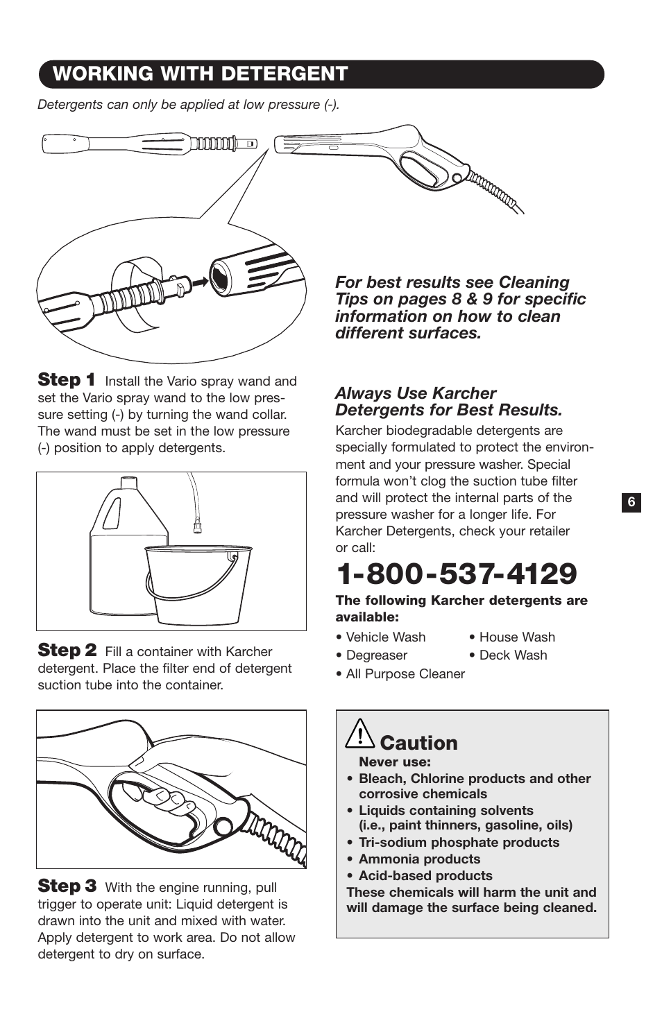 Working with detergent, Caution, Step 1 | Step 2, Step 3 | Karcher K4400G User Manual | Page 7 / 12