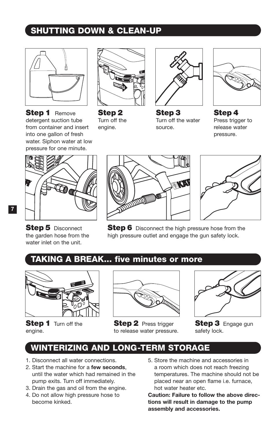 Shutting down & clean-up, Winterizing and long-term storage, Taking a break... five minutes or more | Step 1, Step 2, Step 3, Step 4, Step 5, Step 6 | Karcher K4400G User Manual | Page 8 / 12